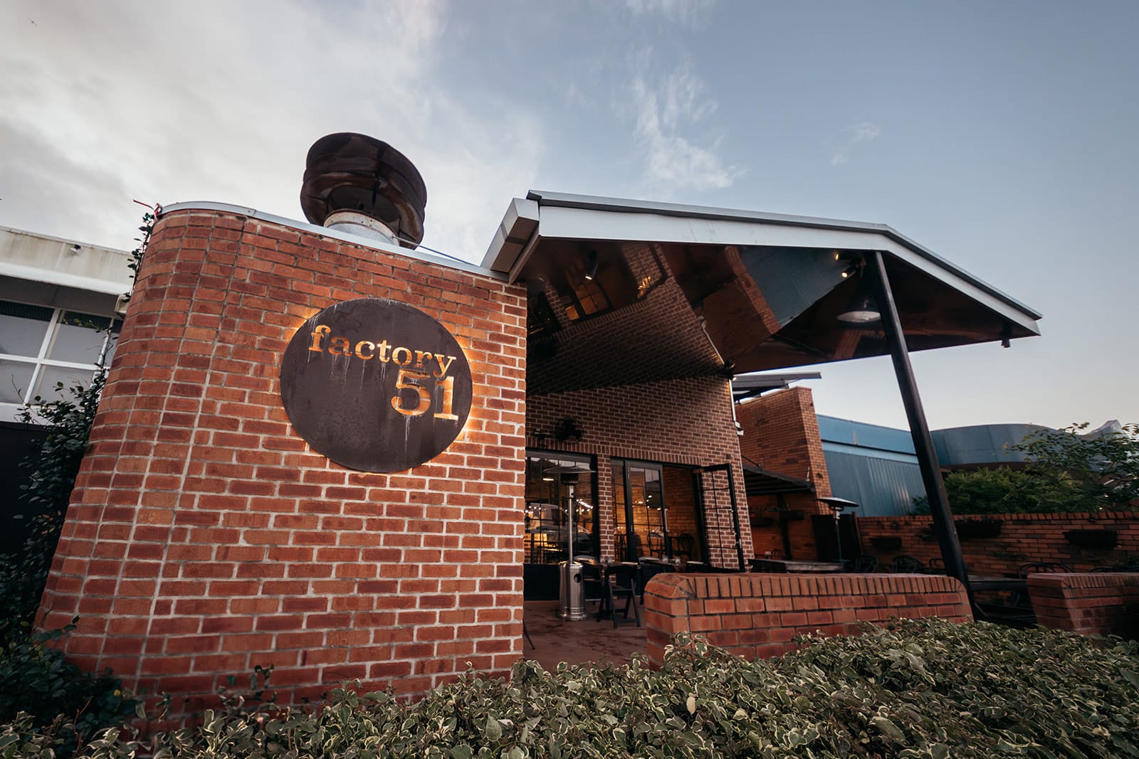 Front view of Factory51 building in Coorparoo, Brisbane, home to an Italian restaurant and private function venue