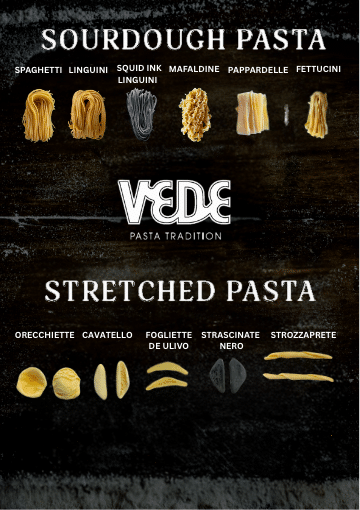 VEDE Pasta range showing sourdough and stretched pasta cuts, including spaghetti, linguini, mafaldine, orecchiette, and strascinate nero – handcrafted wholesale pasta for Australian restaurants.