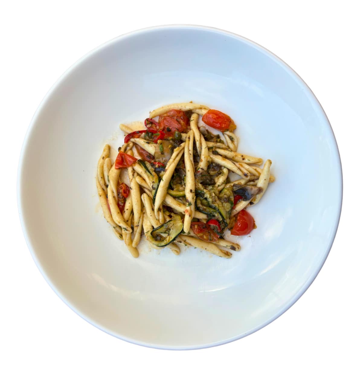 Hand-stretched strozzaprete pasta served primavera-style with fresh seasonal vegetables, made from 100% Australian semolina and frozen fresh for wholesale.
