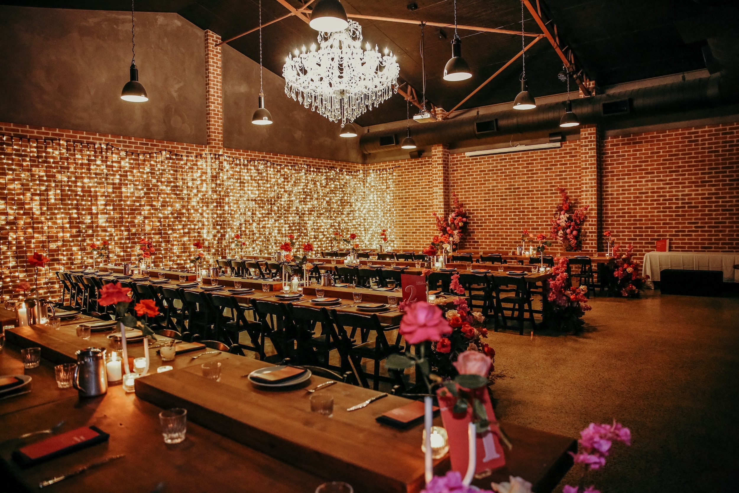Factory 51 Workshop Wedding Venue Brisbane No Venue Hire no venue hire wedding venue Brisbane workshop room with chandelier and long timber tables
