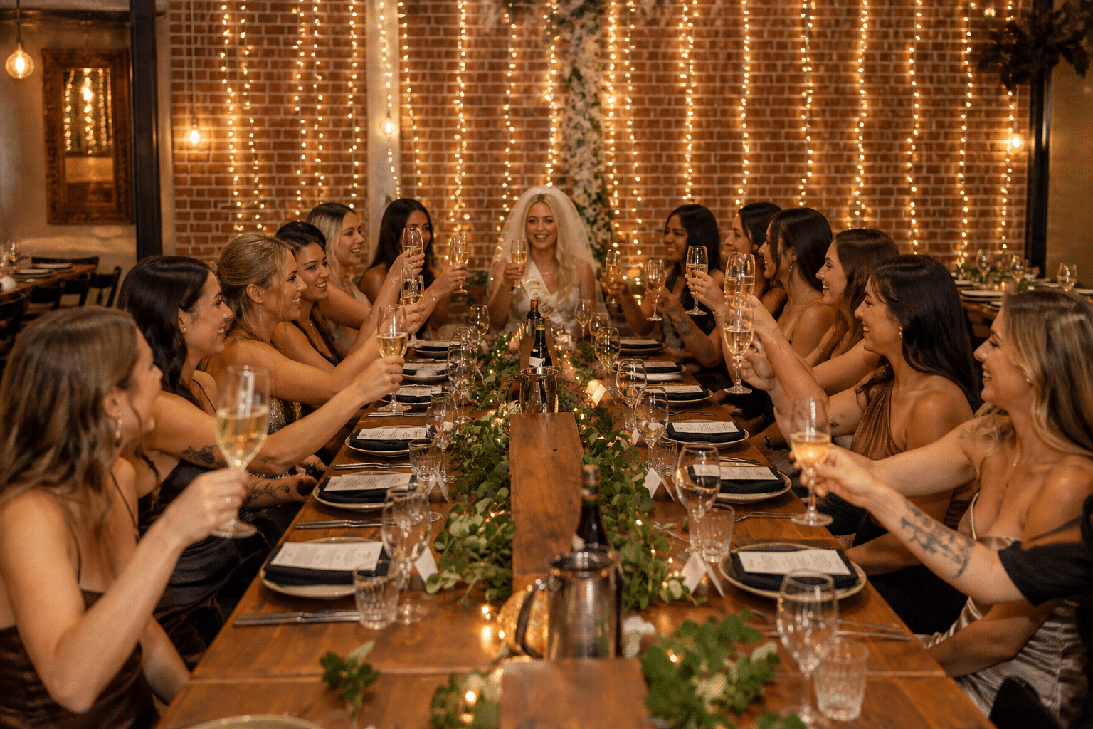 Hens Party Brisbane at Factory 51 Private Dining Room hens party Brisbane private dining at Factory 51 with Italian feasting table and bridal group